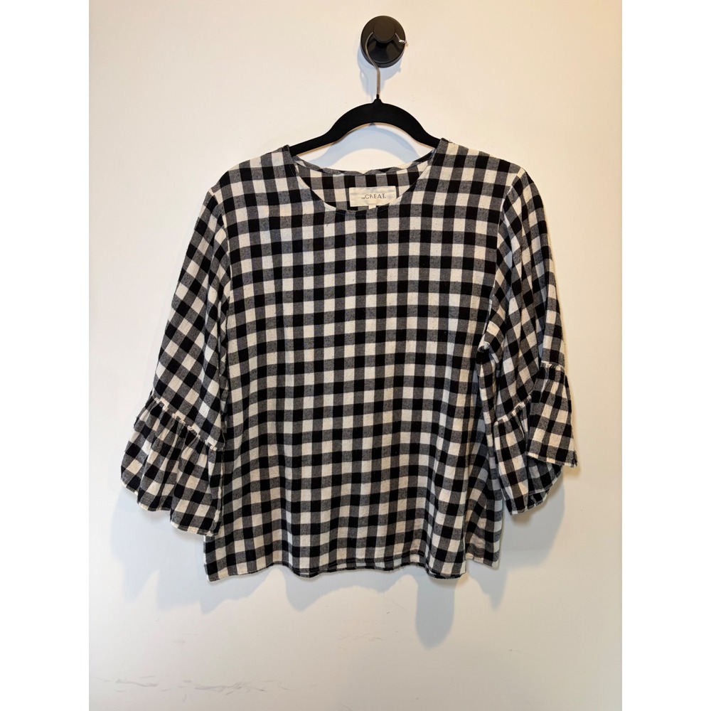 The Great Black White Buffalo Check Ruffle Sleeve Cotton Top Size 0 Womens